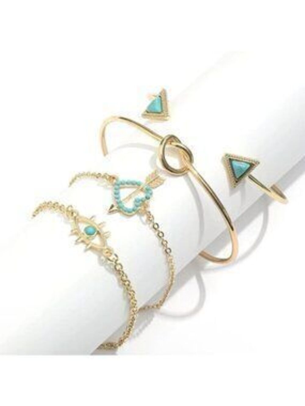 Gold & Turquiose 4pc Evil Eye Heart Chain Bracelet